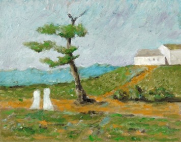 Two Figures, Tree and White Houses  