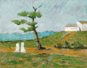 Two Figures, Tree and White Houses