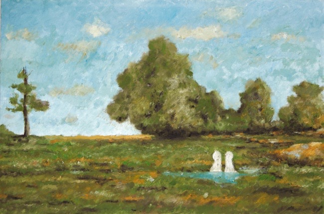 Two Figures in Landscape with Water  
