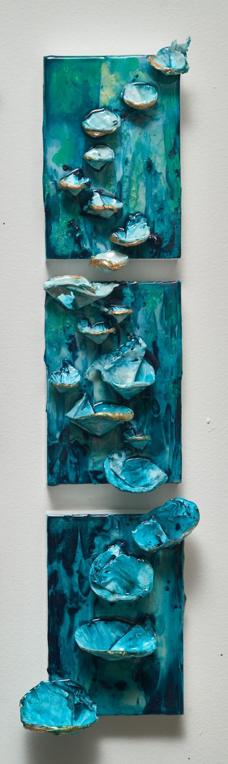 2021. Paint skin, acrylic, ink, pastel, silver leaf, and resin on wood panel. 4x18”