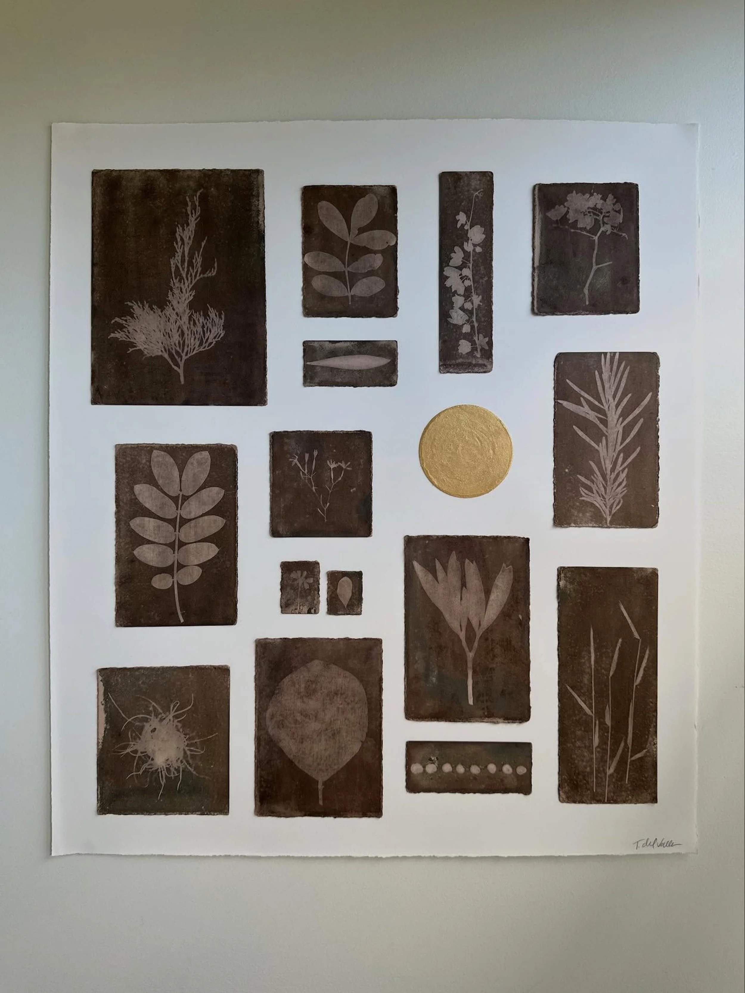  wet cyanotypes, bleached and toned with pecan, handmade gold mica watercolor   