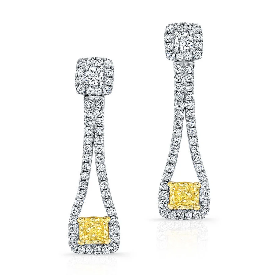 WHITE AND YELLOW GOLD ELEGANT FANCY YELLOW RADIANT DIAMOND EARRINGS 