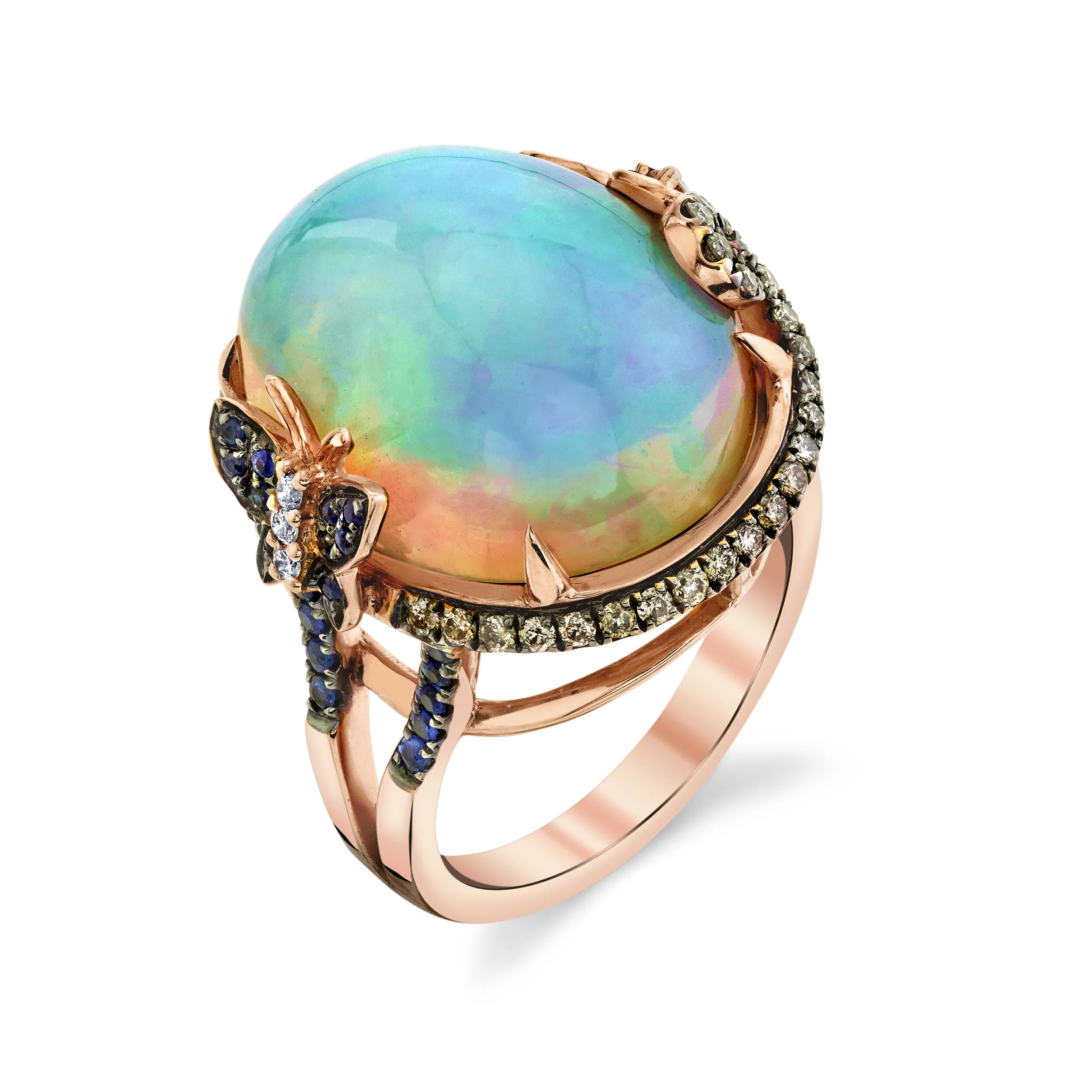 ETHIOPIAN OPAL WITH BLUE SAPPHIRES AND DIAMOND RING