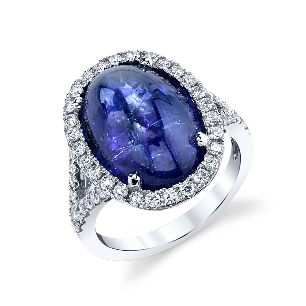 CABOCHON TANZANITE AND DIAMOND RING