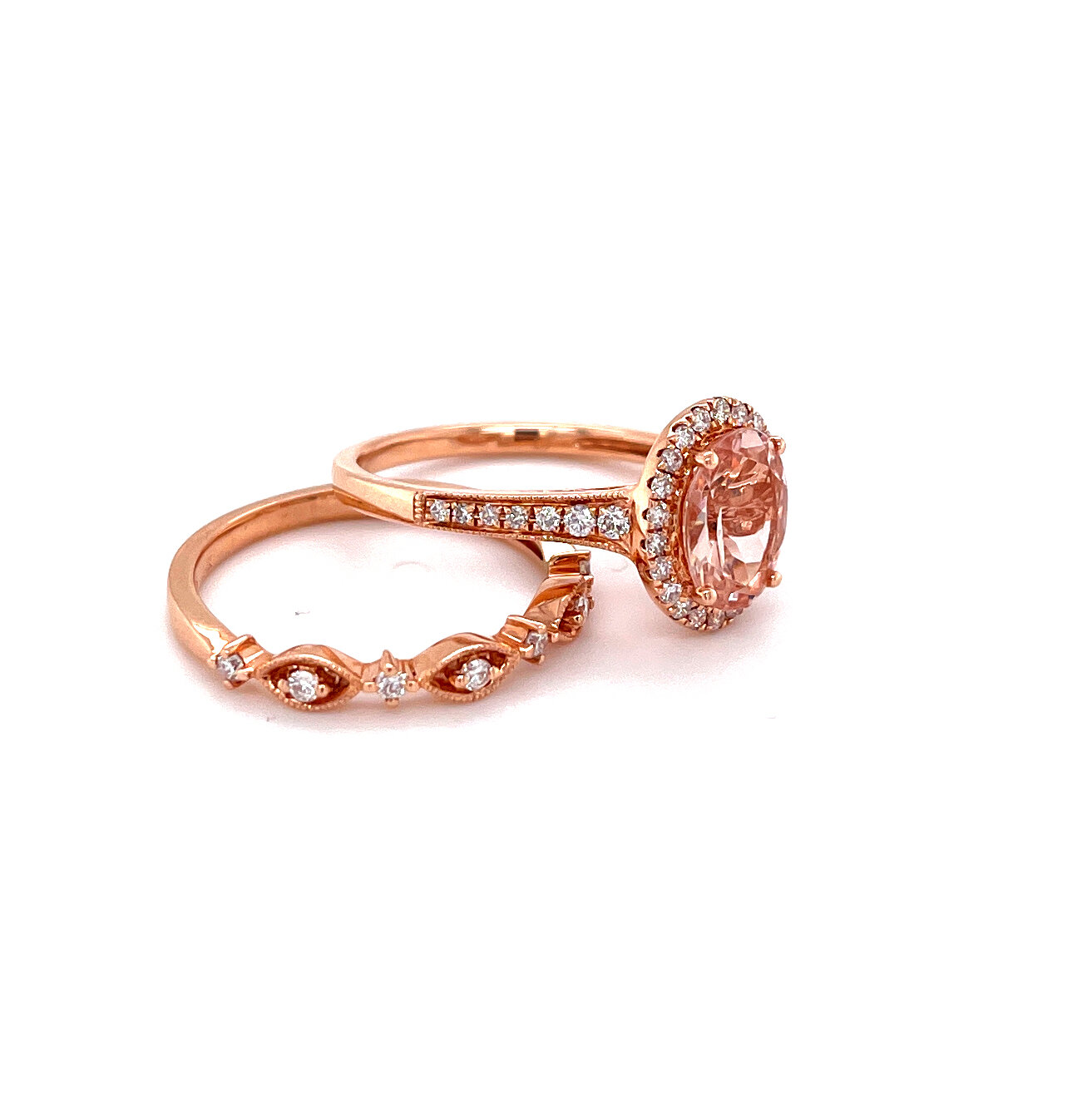 Morganite and Diamond Ring with Matching Diamond Band