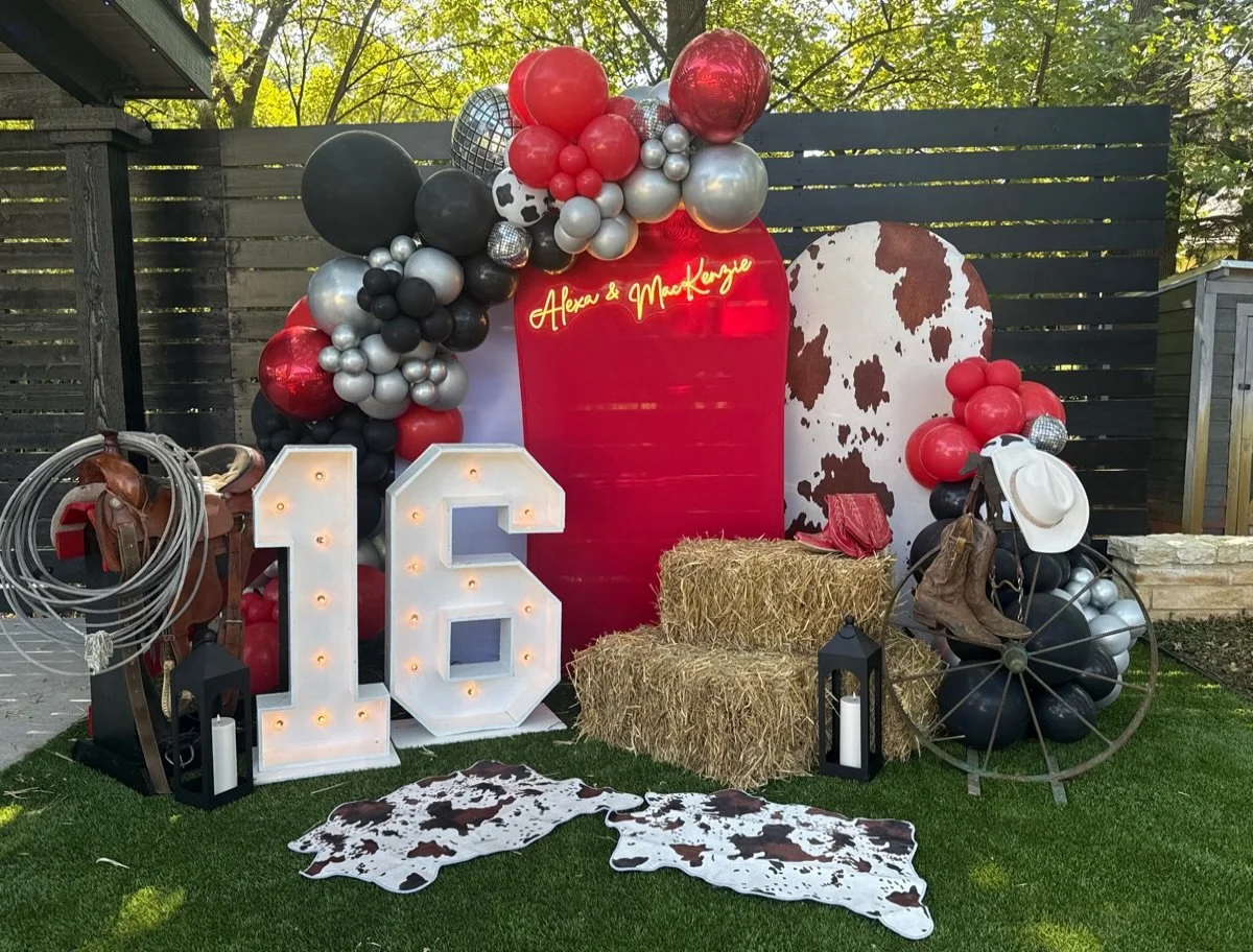 Disco meets cowboy for this Sweet 16! 🪩🤠

A little western flair, a little disco sparkle, and a whole lot of fun!

We loved putting together this birthday setup in Colleyville with bold balloons, disco balls, cowhide details, marquee numbers, and a