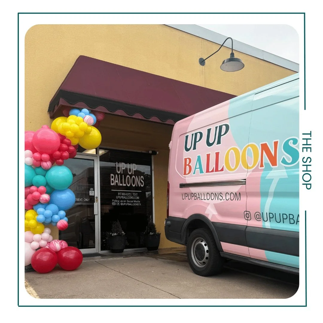 Up Up Balloons storefront and branded van with colorful balloon installation in Dallas Fort Worth