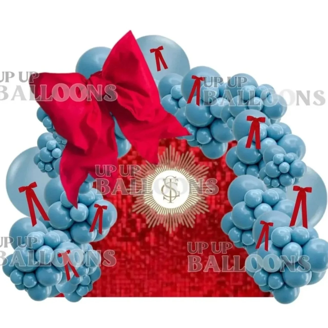 Corporate client mock up showing organic balloon garland installed on red shimmer wall accented with bows and corporate branding.