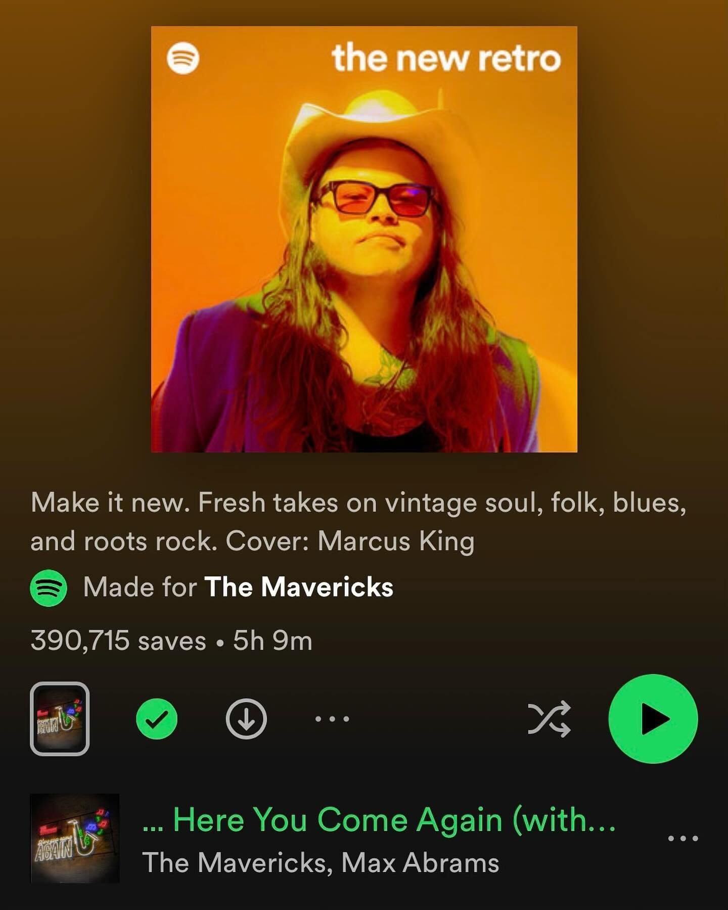 Thanks @spotify for including our new song &lsquo;Here You Come Again&rsquo; on &lsquo;the new retro&rsquo; playlist 🎷 Add it to your library and listen now at the link in story! 🧡 @monomundorecordings @thirtytigers

#TheMavericks #MoonAndStars #No