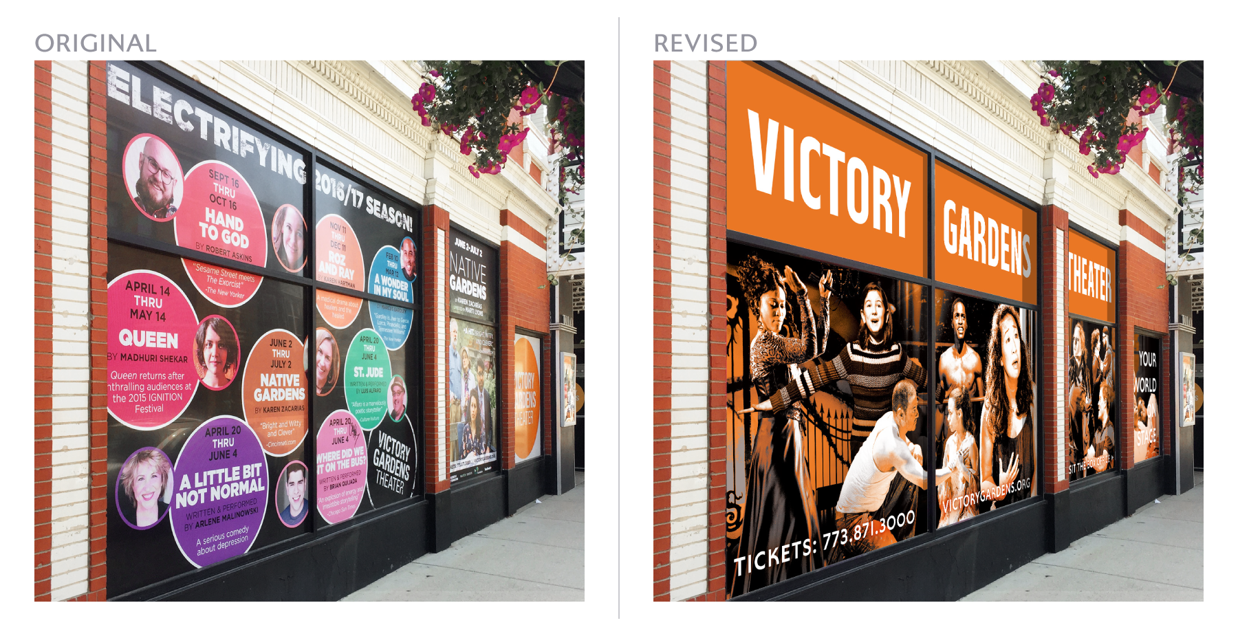 Prior to my work with Victory Gardens, the exterior of the historic Biograph was covered in window clings advertising the year’s productions as well as the show currently playing on stage. Graphics were busy and contained too much information for the average passerby, and the theater name often got lost in the clutter of other, often irrelevant information. After rebranding, the theater name is placed prominently across the top — in a condensed version of the new Victory Gardens Sans typeface — with a stylized representation of past productions and ticketing information underneath.