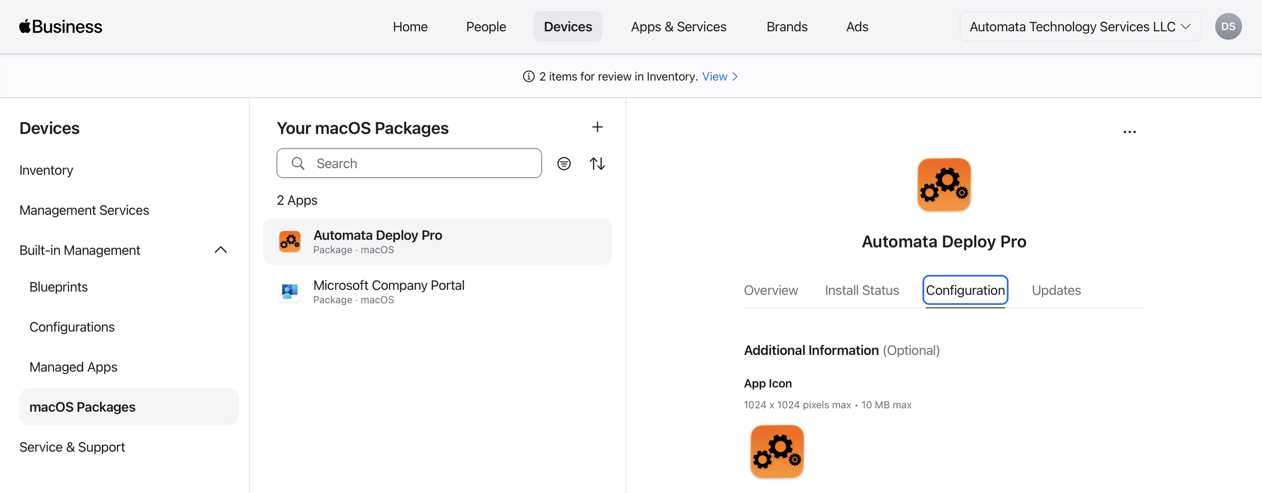 Screenshot of a computer web page showing a software management platform for macOS packages, with an orange gear icon representing the Automata Deploy Pro app under configuration details.