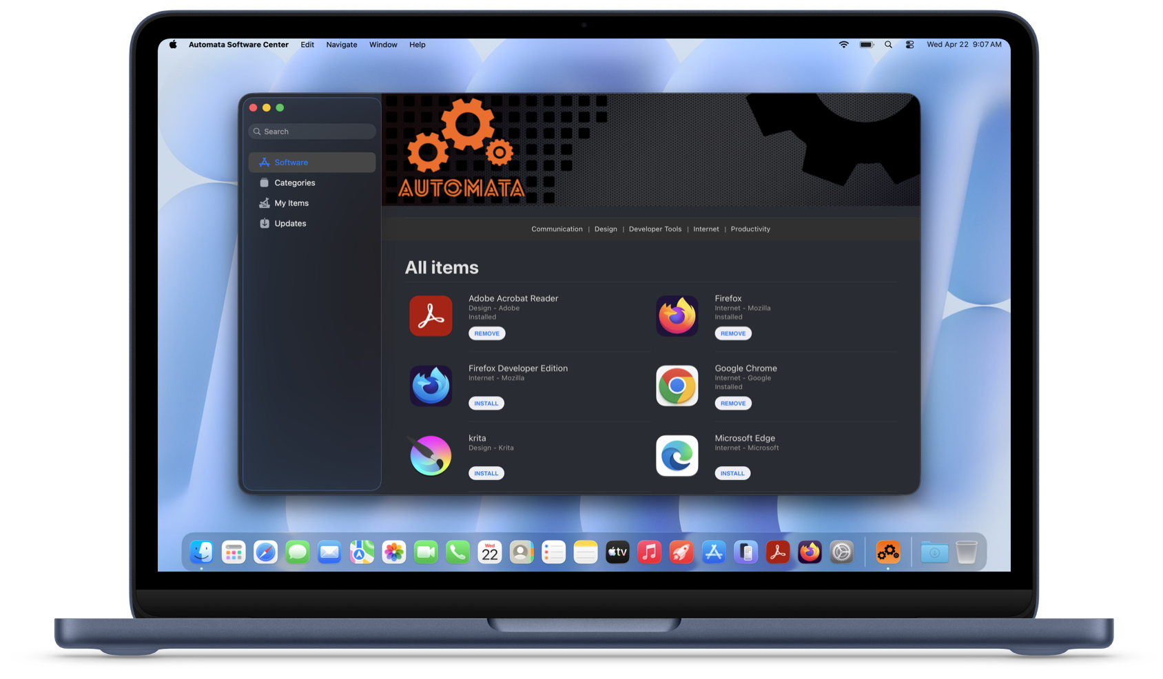 Screenshot of a MacBook displaying the Automata Software Center with installed items such as Adobe Acrobat Reader, Firefox, Chrome, Krita, and Edge, with options to remove or install.