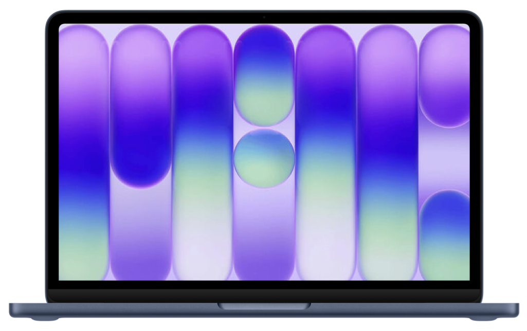 A laptop screen displaying an abstract, colorful digital pattern with blue, green, and purple hues.