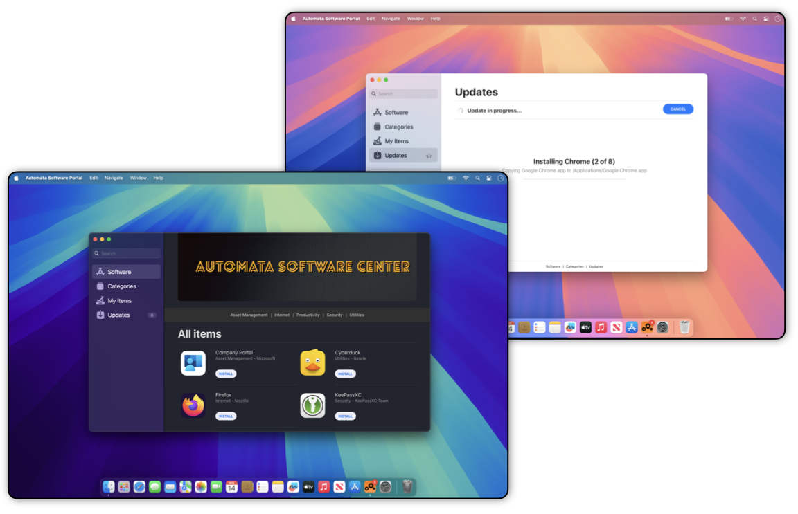Screenshots of two computer desktop windows, one showing a software update process for Google Chrome and the other displaying the Automata Software Center with installed applications listed.