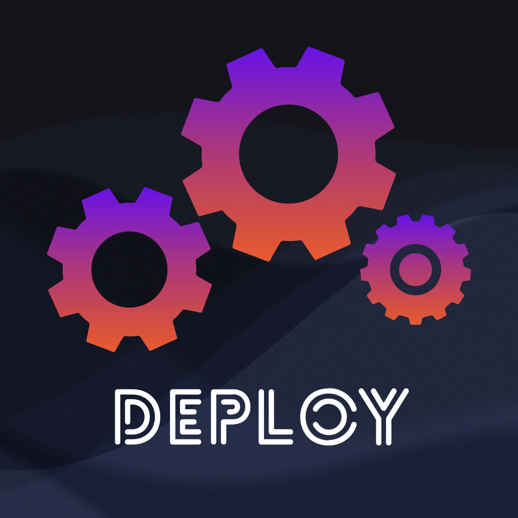 Three colorful gear icons with the word "DEPLOY" in white text below, set against a dark background.