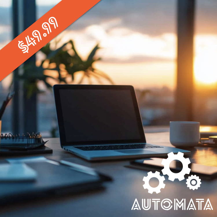 A workspace with a laptop, coffee mug, notebook, and pen on a desk near a window with a sunset view.