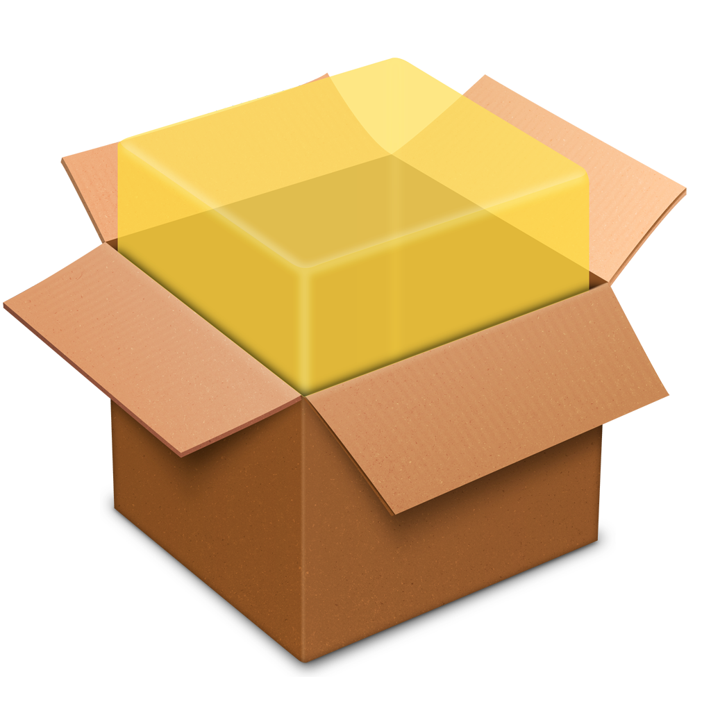 An open cardboard box containing a transparent yellow cube inside.