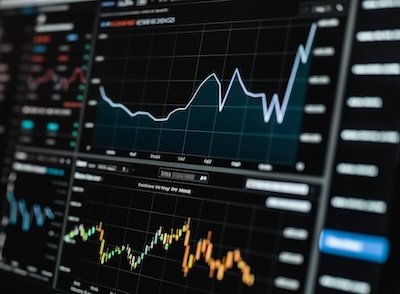 Close-up of a computer screen displaying financial stock market charts with line graphs and data points.