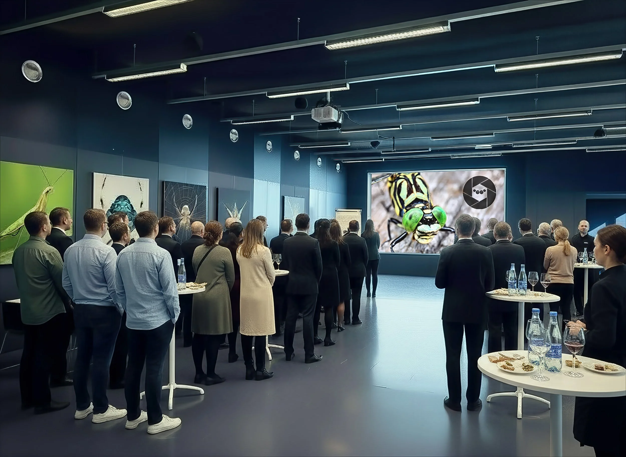 Vernissage in the Alpenzoo room with wall prints, cocktail tables, and attendees facing the projector screen