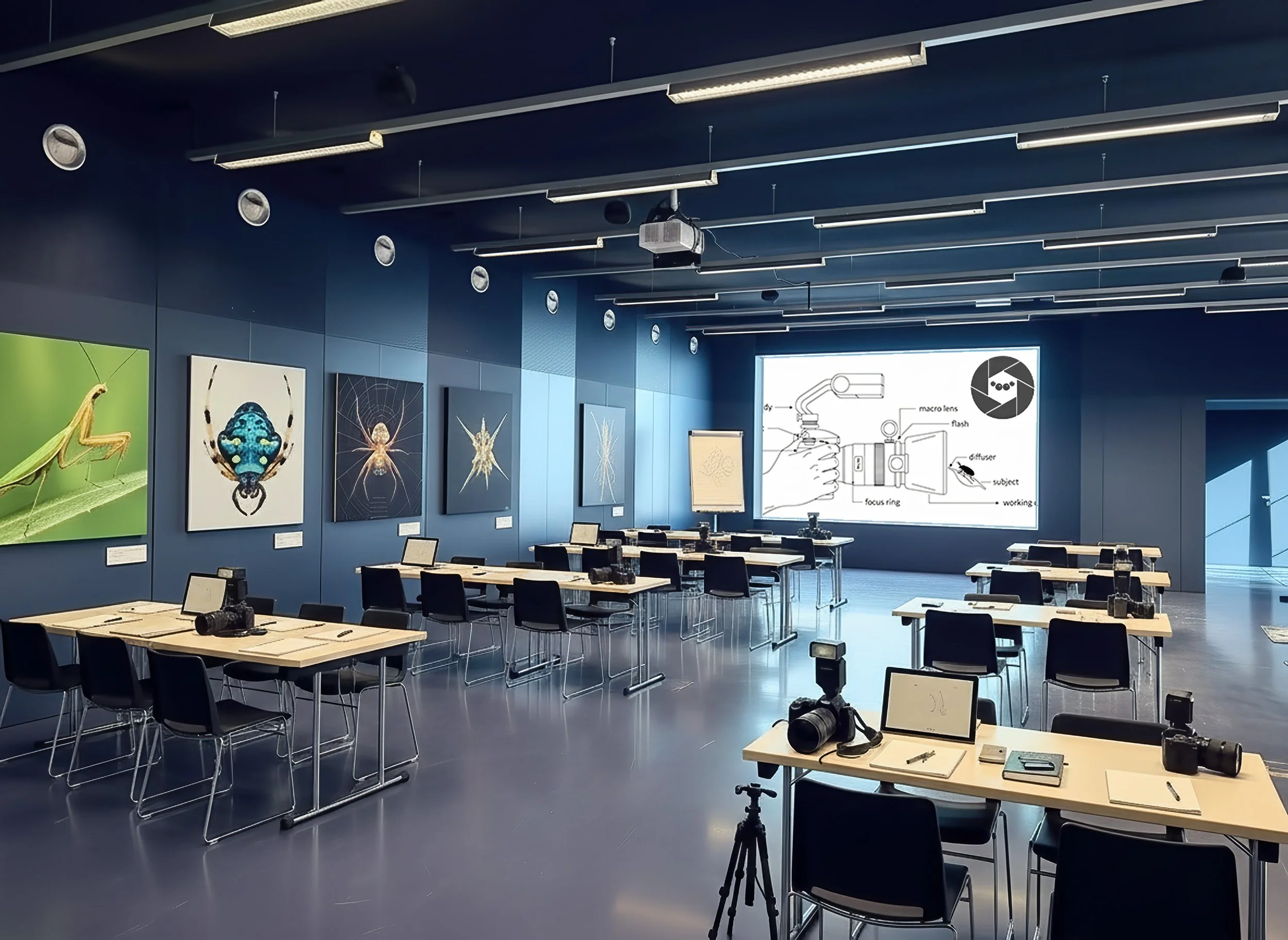Workshop-Setup im Ausstellungsraum des Alpenzoos mit Tischen und Stühlen für einen praxisnahen Makrofotografie-Workshop