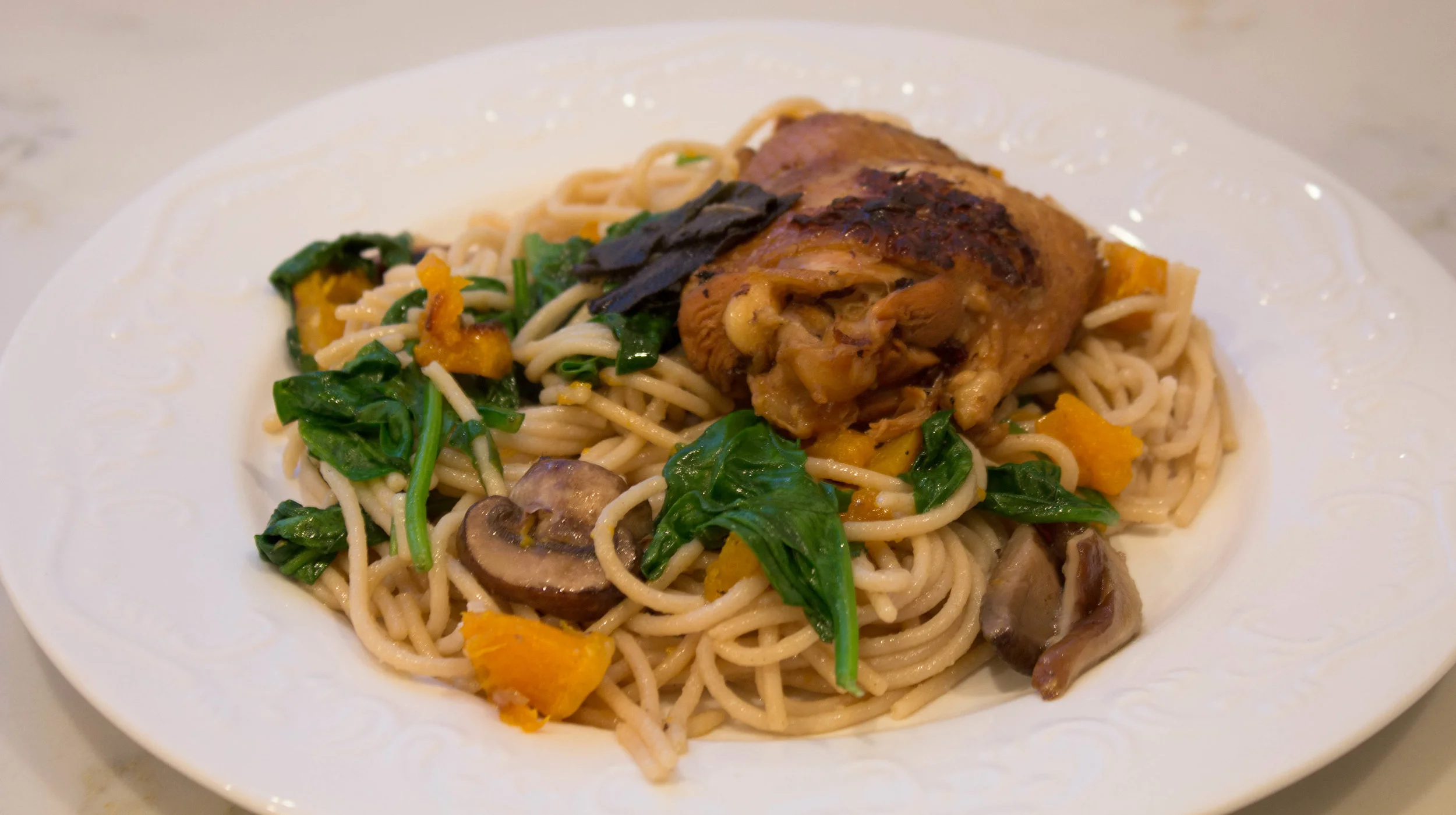 Butternut Squash Pasta with Braised Chicken Thighs