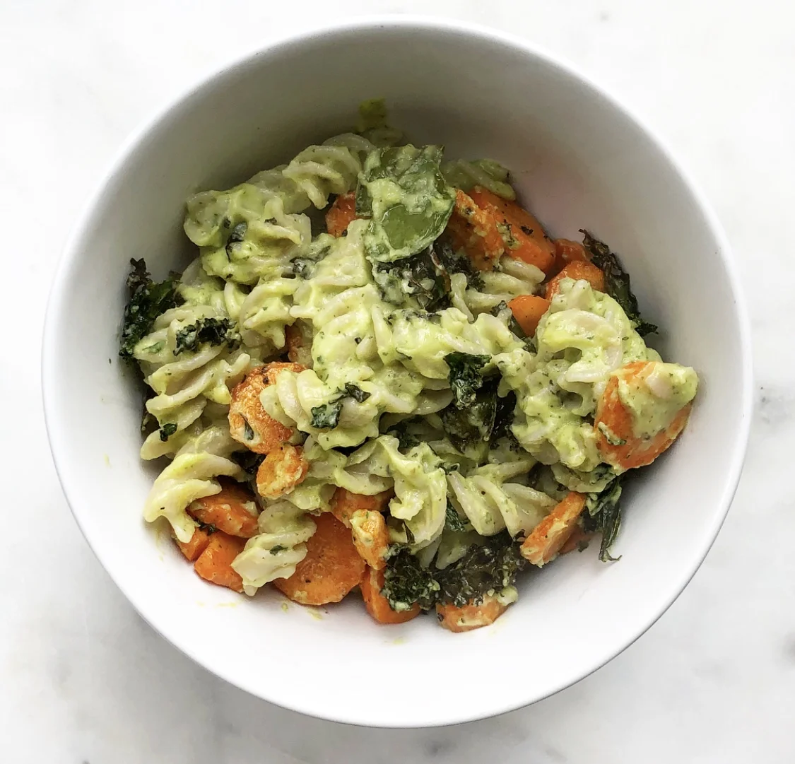 Avocado Pasta with Crispy Roasted Veggies (gf + vegan)