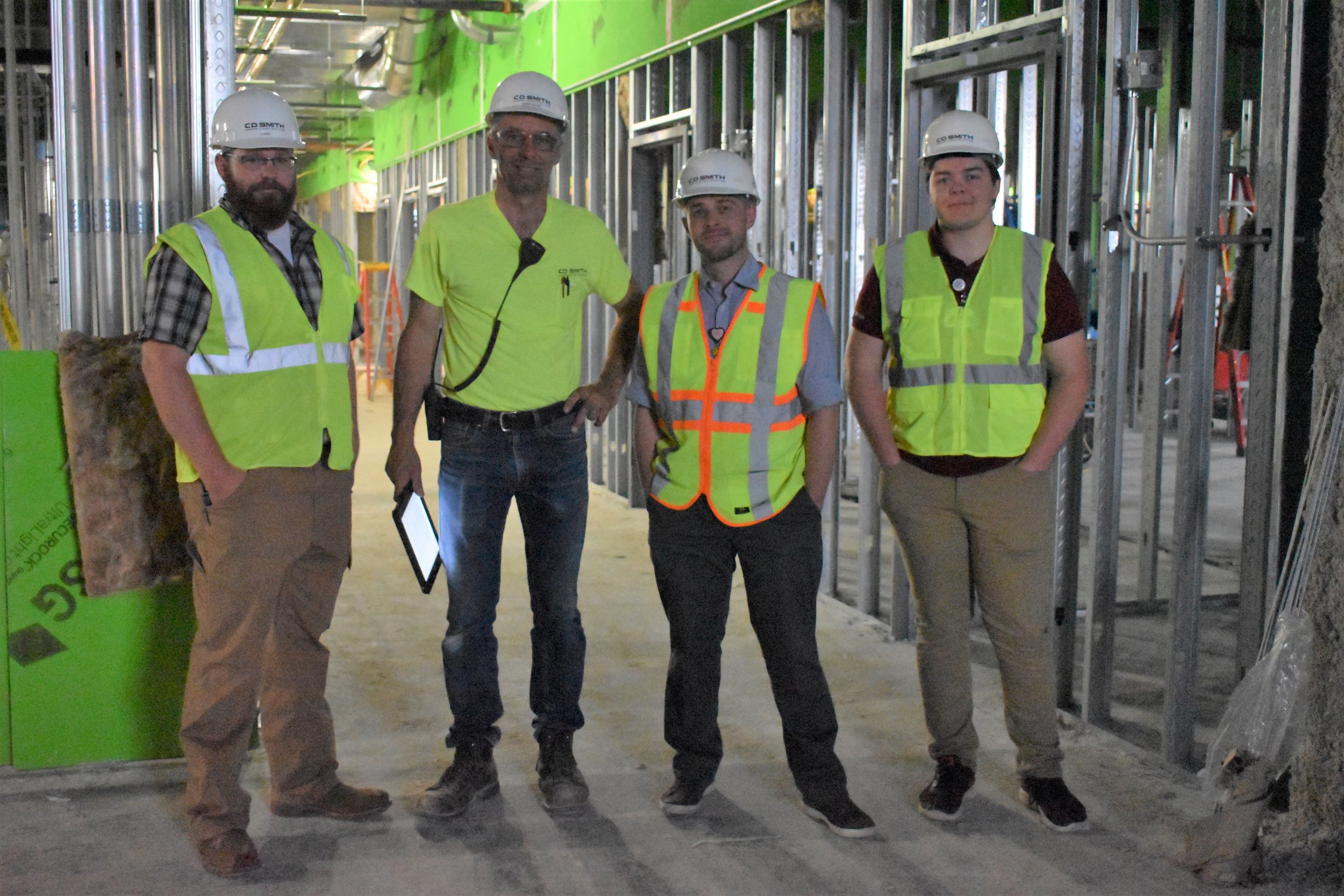  Pictured L to R, Director of Facility Operations-Aaron Hammer, CD Smith Construction Company Site Superintendent-Wayne Holum, Director of Marketing &amp; Public Relations- Dan Howard and his summer inter- Jacob Bennish. 