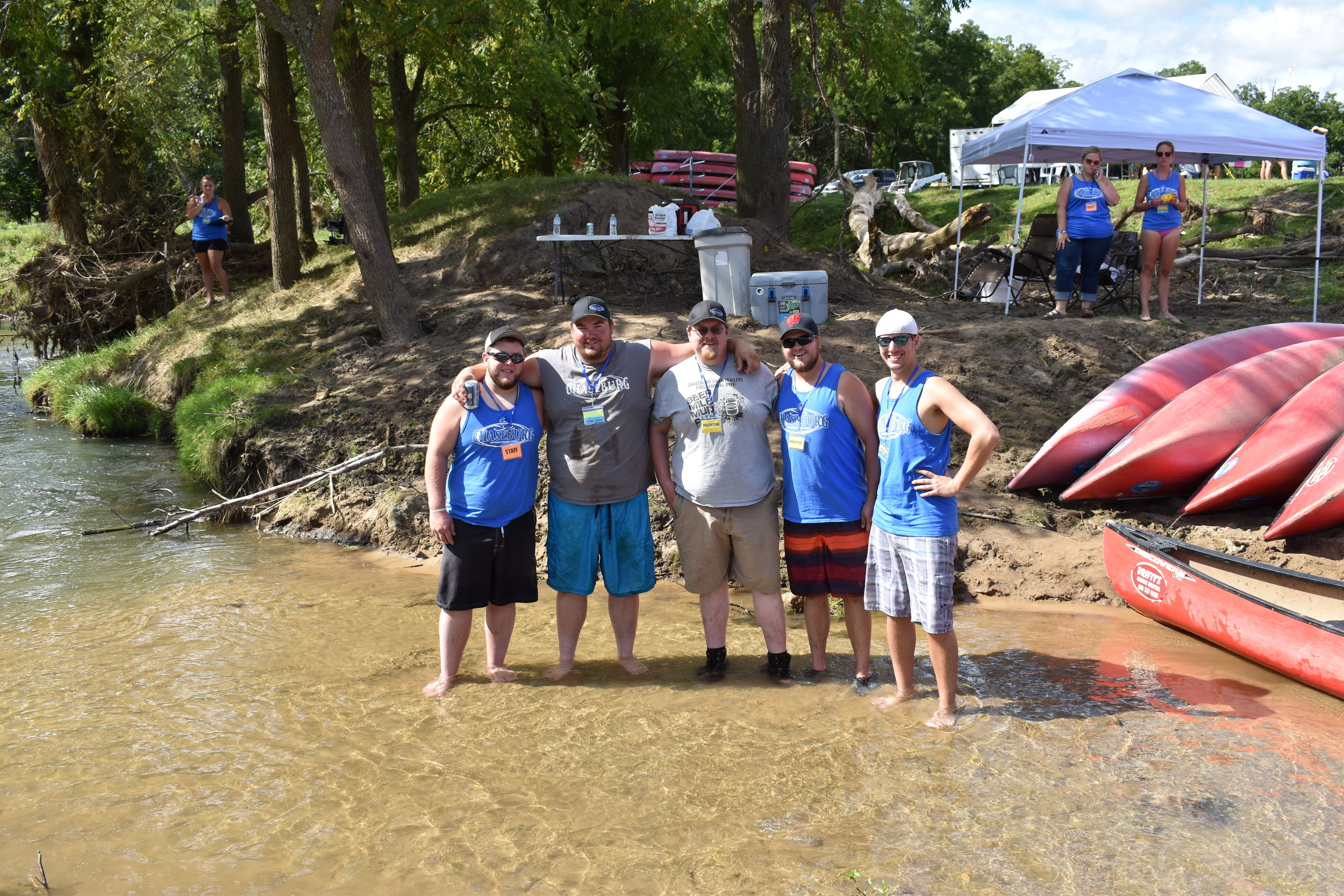  L to R- Helping launch canoers were Chaseburg Snow Trailers Mason Ostrem, Justin Helgeson, Joe Garbers, Adam Olson and Jeff Richards 