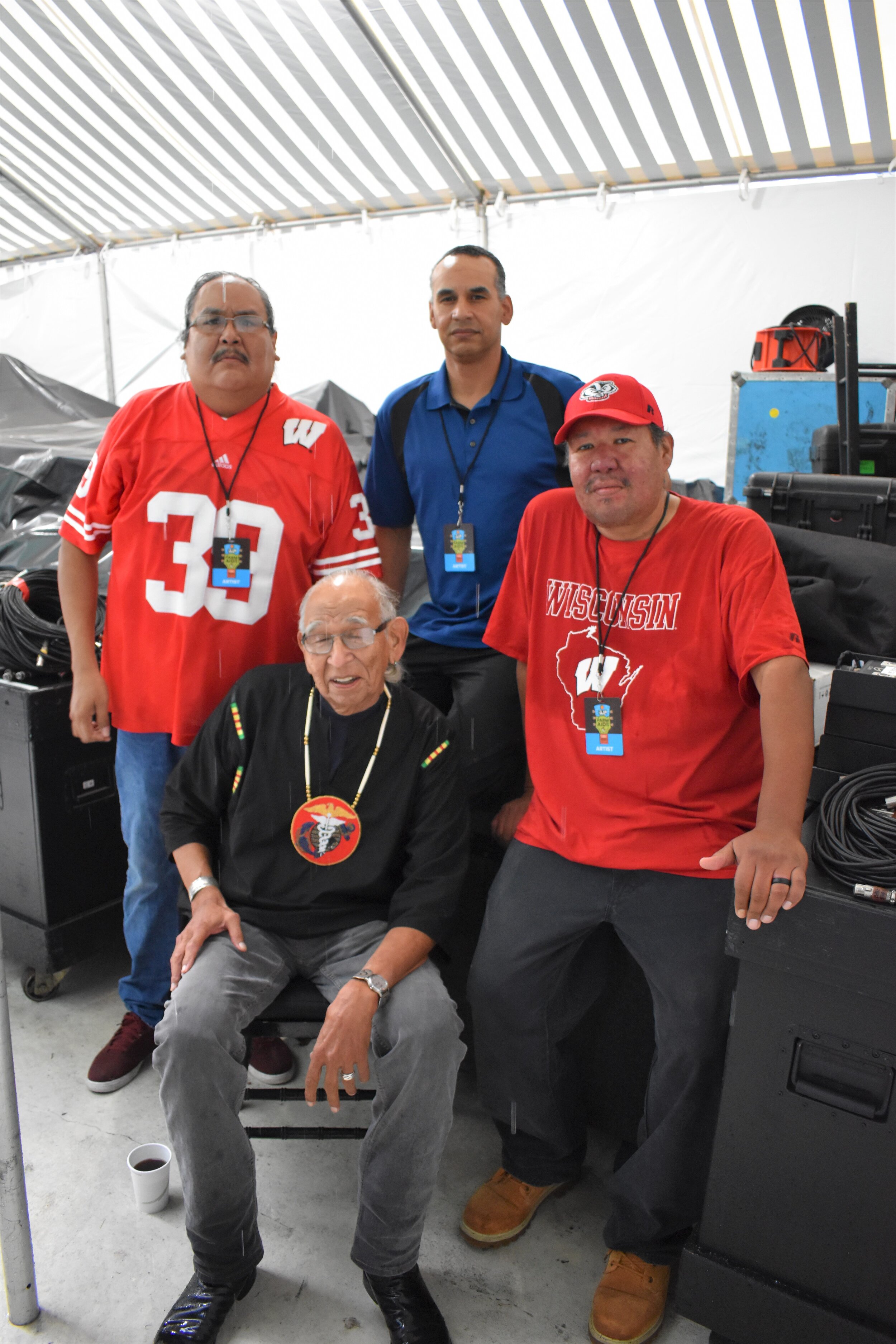  Hocak Thundercloud Singers- Front seated, Andy Thundercloud. Back row L to R- Jon Thundercloud, Justice Green, and Koonzie Decorah 