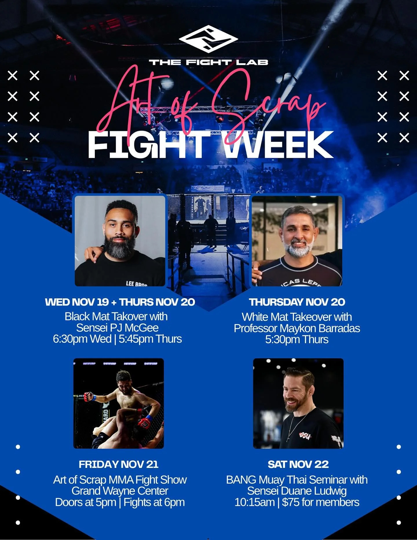 @artofscrap FIGHTWEEK at the Lab is going to go CRAZY⚡️⚡️ Peep the lineup 🤯🤯👇🏽👇🏽

🥊 Wednesday 6:30-8:00PM / Thursday 5:45-7:30PM @urcaptain is taking over the black mat with Tier One striking! 
🥋 Thursday 5:30-8:00PM @maykonbarradasbjj is tak