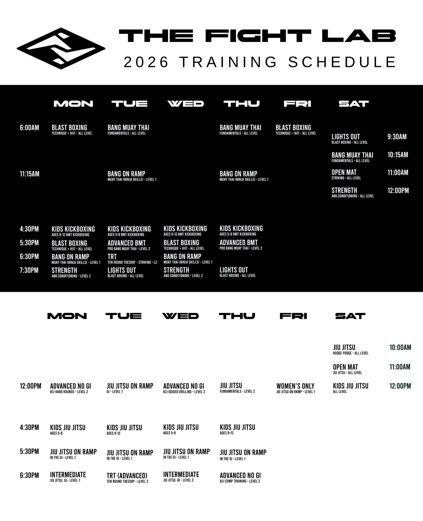 Happy New Year! 🥳 

Here is your updated 2026 Group Session Schedule at The Fight Lab, which starts this coming Monday, Jan 5 👏👏

Highlights: 

- Starting your Jiu Jitsu journey has never been easier! Our new JIU JITSU ON-RAMP session will cover s
