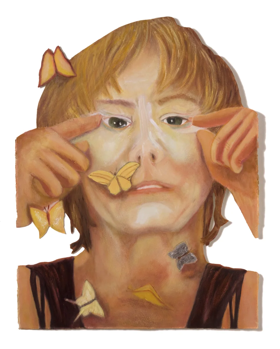 Butterflies In My Stomach. (aging), 2008 oil on paper cutout, 30 x 25 inches .jpg