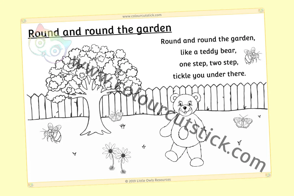 Free 'Round And Round The Garden' Nursery Rhyme Lyrics/Words Colouring Poster