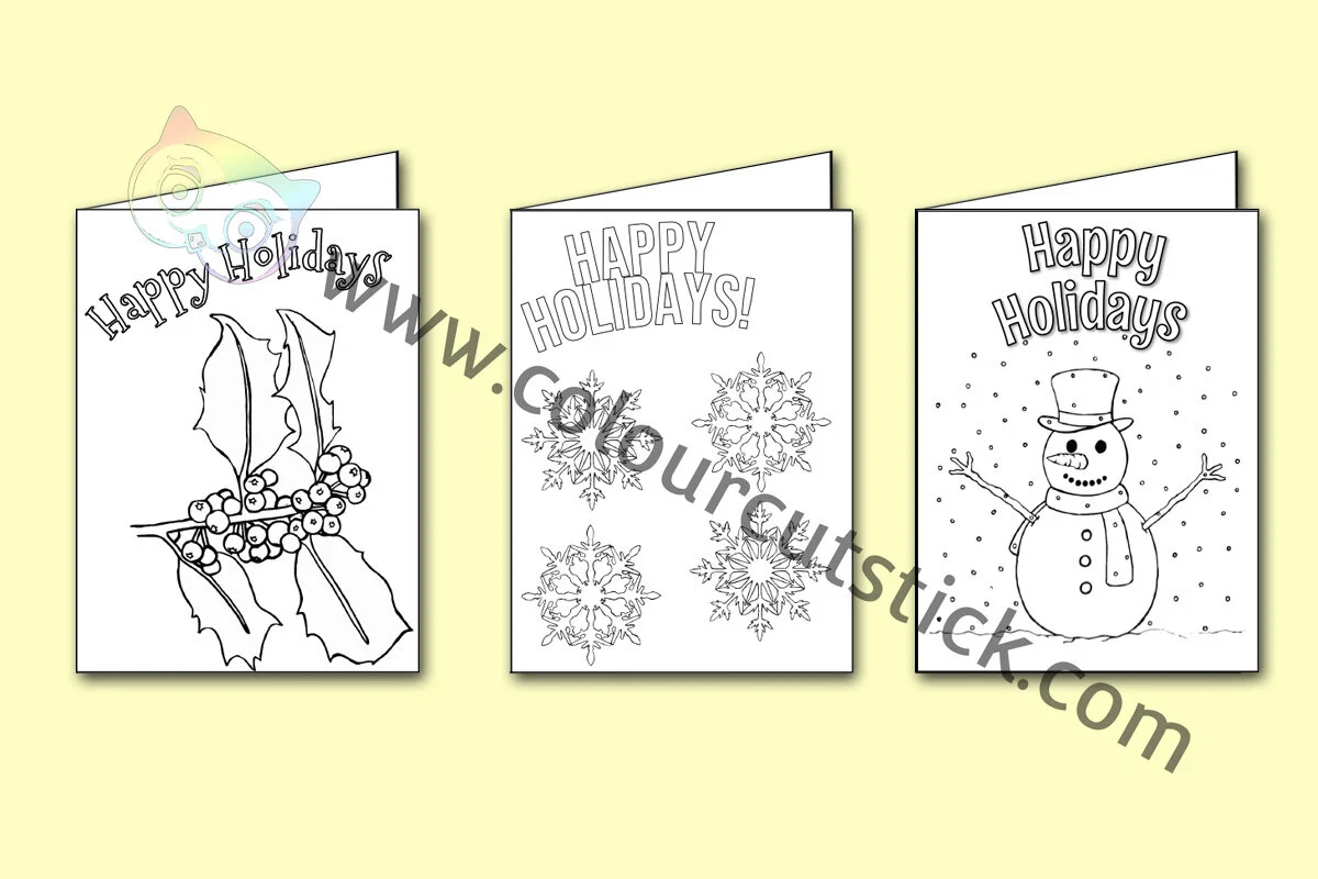 FREE Happy Holidays Card Colouring / Coloring Pages — Colour Cut Stick ...