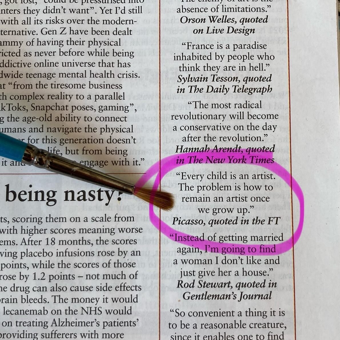 I love this Picasso quote from @theweekmagazine . Most of us lose our sense of creativity as we grow up and forget to nurture it. Making things and mending things gives an enormous sense of achievement, and I know that I am happy with either a paintb