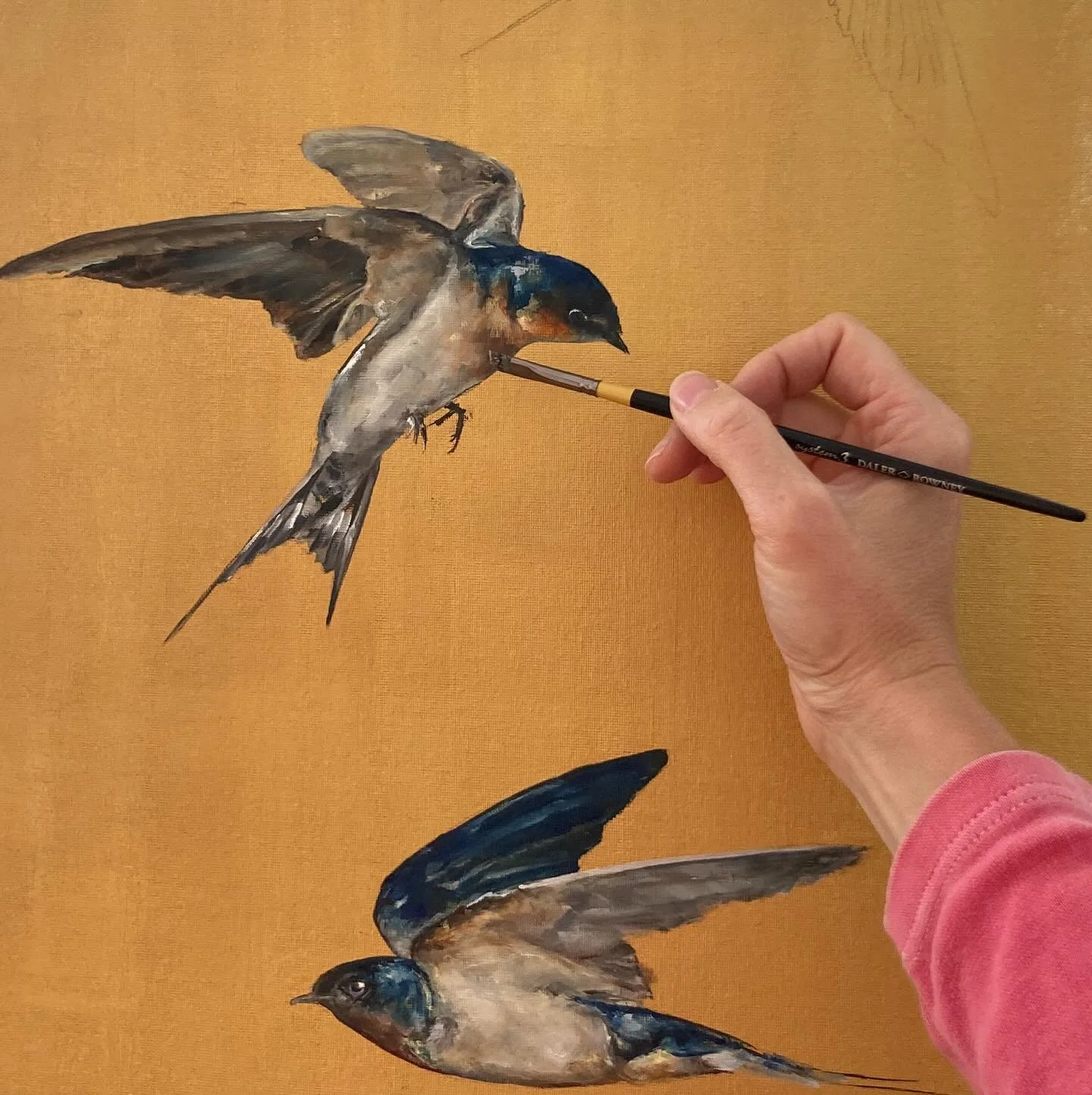 Another trio of golden swallows on the easel this week, these magical birds are fast becoming one of my favourite subjects. Full shot to follow when it&rsquo;s complete and ready for sale&hellip; 🖌️ 

I have a willing mule to bring some small pieces