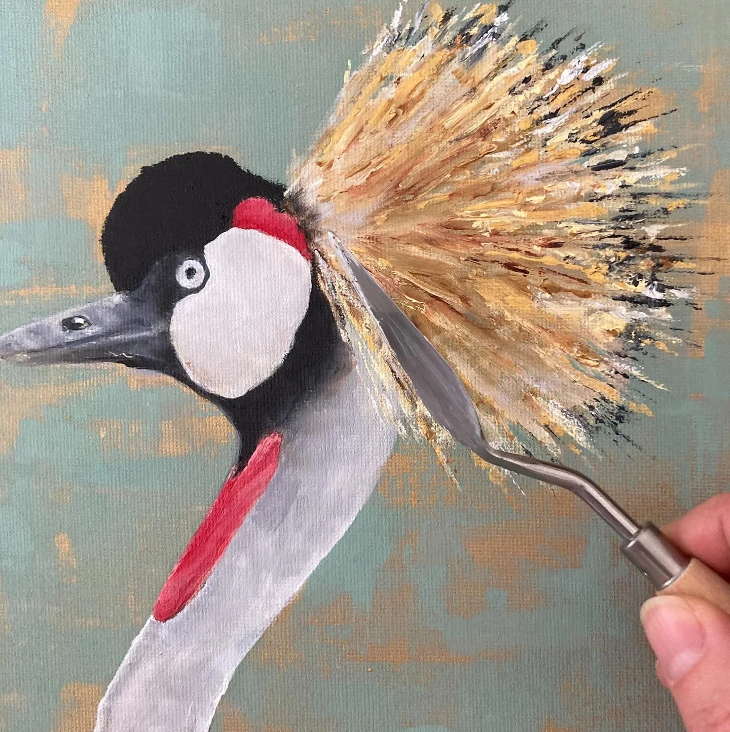 It&rsquo;s fun to work with a palette knife on this crested crane this morning. What a bird! I&rsquo;ve been watching a pair of nesting cranes in Karura Forest here in Nairobi and they have inspired this small piece. Full shot to come when it is fini