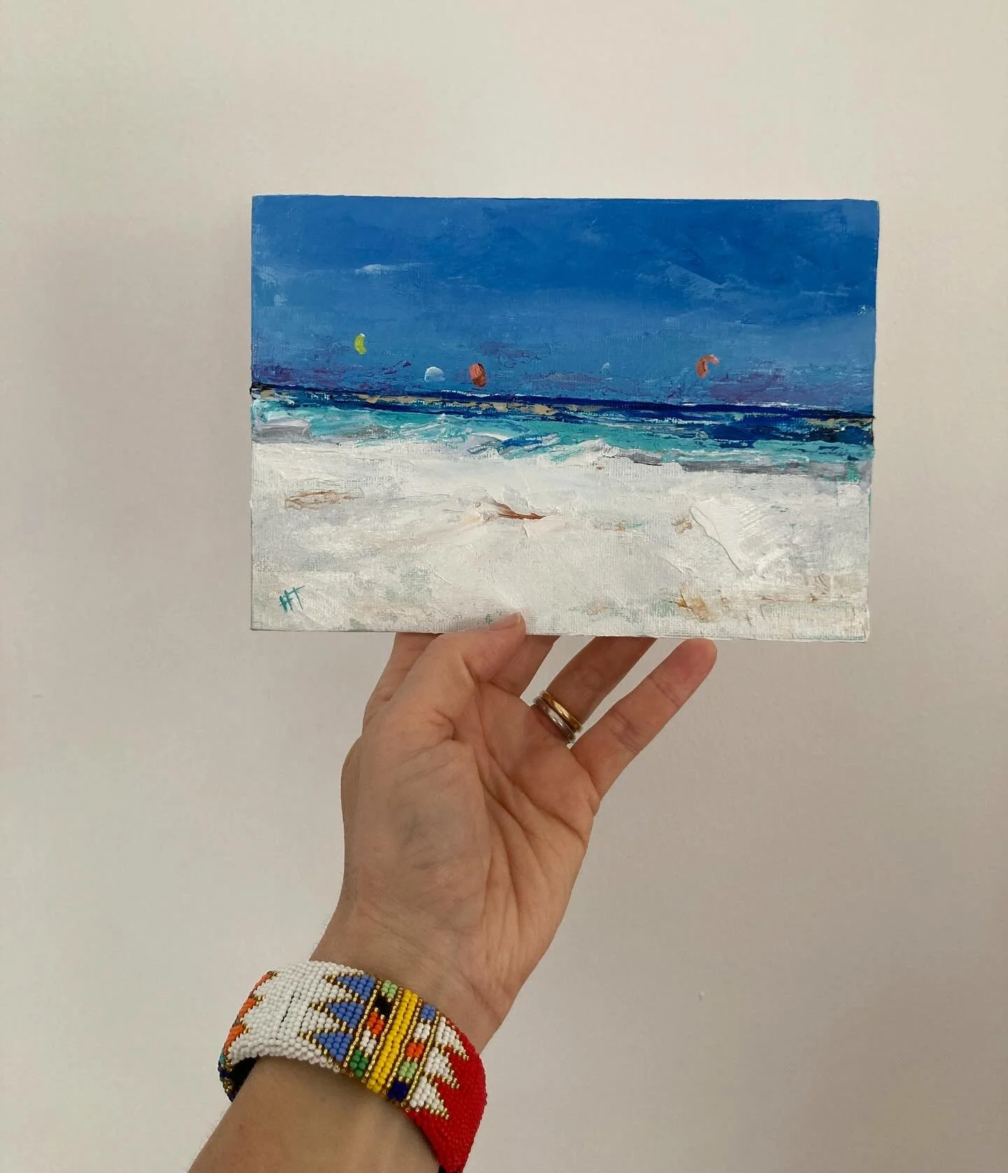 &lsquo;Watamu Kitesurfers&rsquo;, a mini oil on A5 canvas board. It&rsquo;s an oil sketch done purely with a palette knife and a deviation from my usual subjects but the scene was too beautiful not to capture. It is for sale but please tag a friend w
