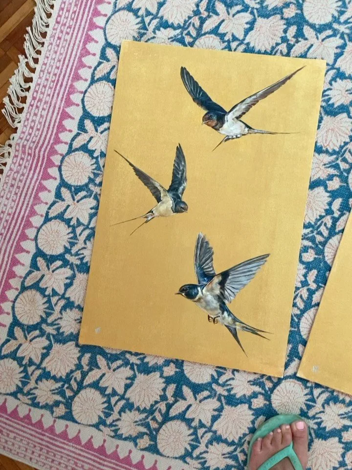 I am chuffed to say that the golden triptych is complete! Hours and hours of brush work have gone into creating these pieces and I will be even more chuffed when I find the right frames. Available singly, as a pair or as a complete triptych, full det