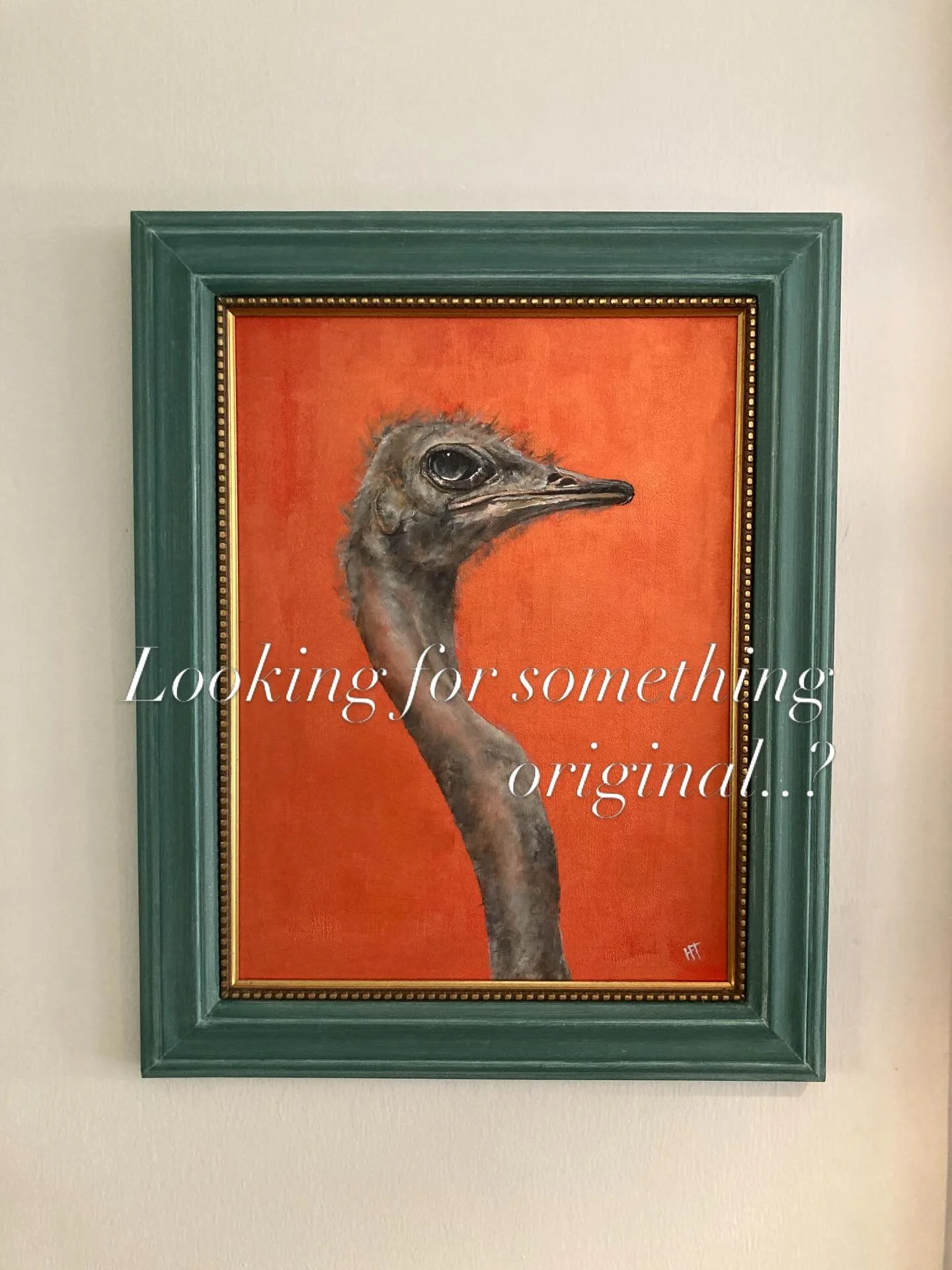 Ophelia the Ostrich is back from the framers and looking pretty funky on the wall. 

I painted this piece using a photograph I took whilst on safari @lewaconservancy . We watched the theatre unfold as a prancing male tried to catch the attention of t