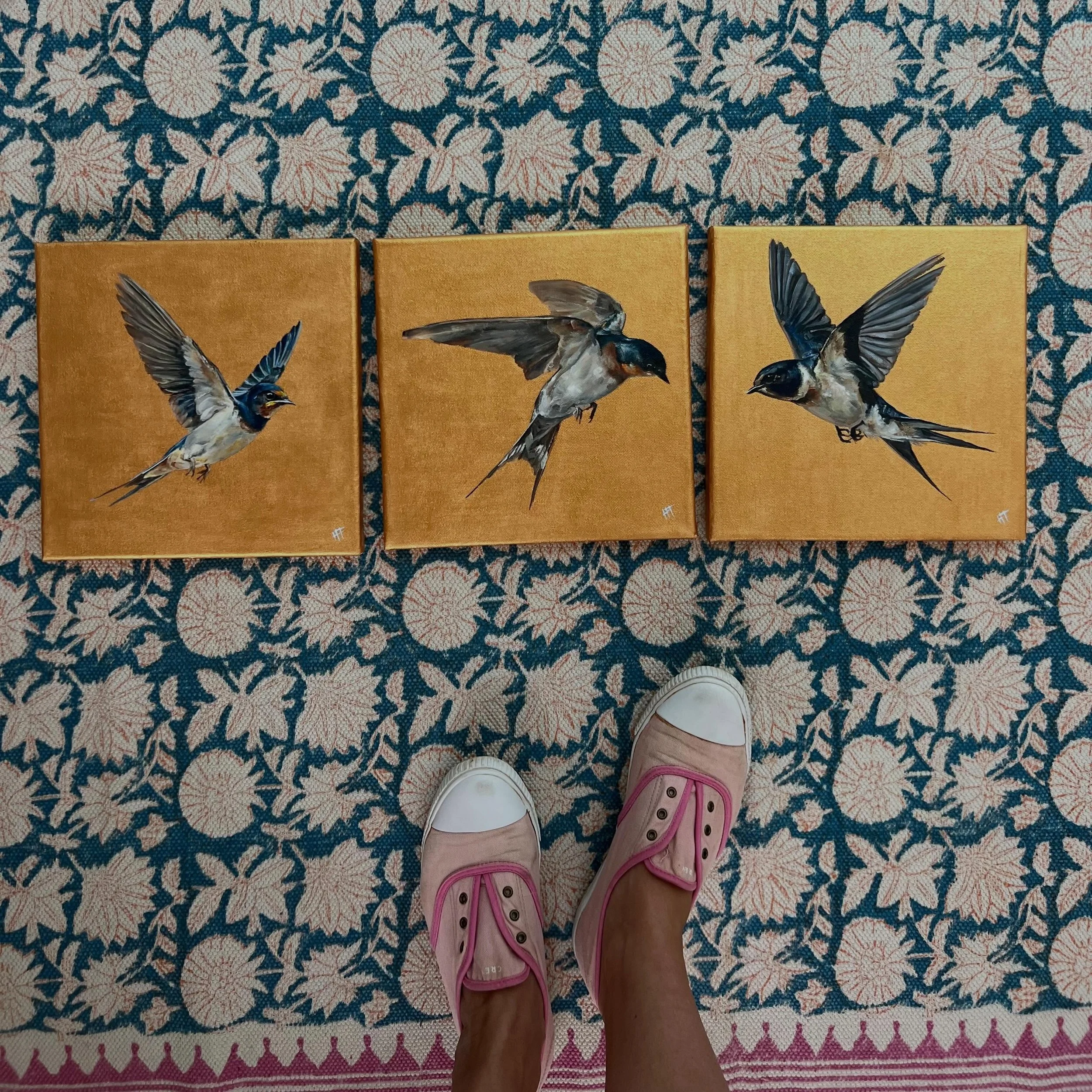 And here are some stills from my new golden swallow triptych &lsquo;Spring&rsquo;s Joy&rsquo;, available individually, as a pair or trio on the Originals page of my website. 

I will get this majestic trio framed shortly but please shout if these swa