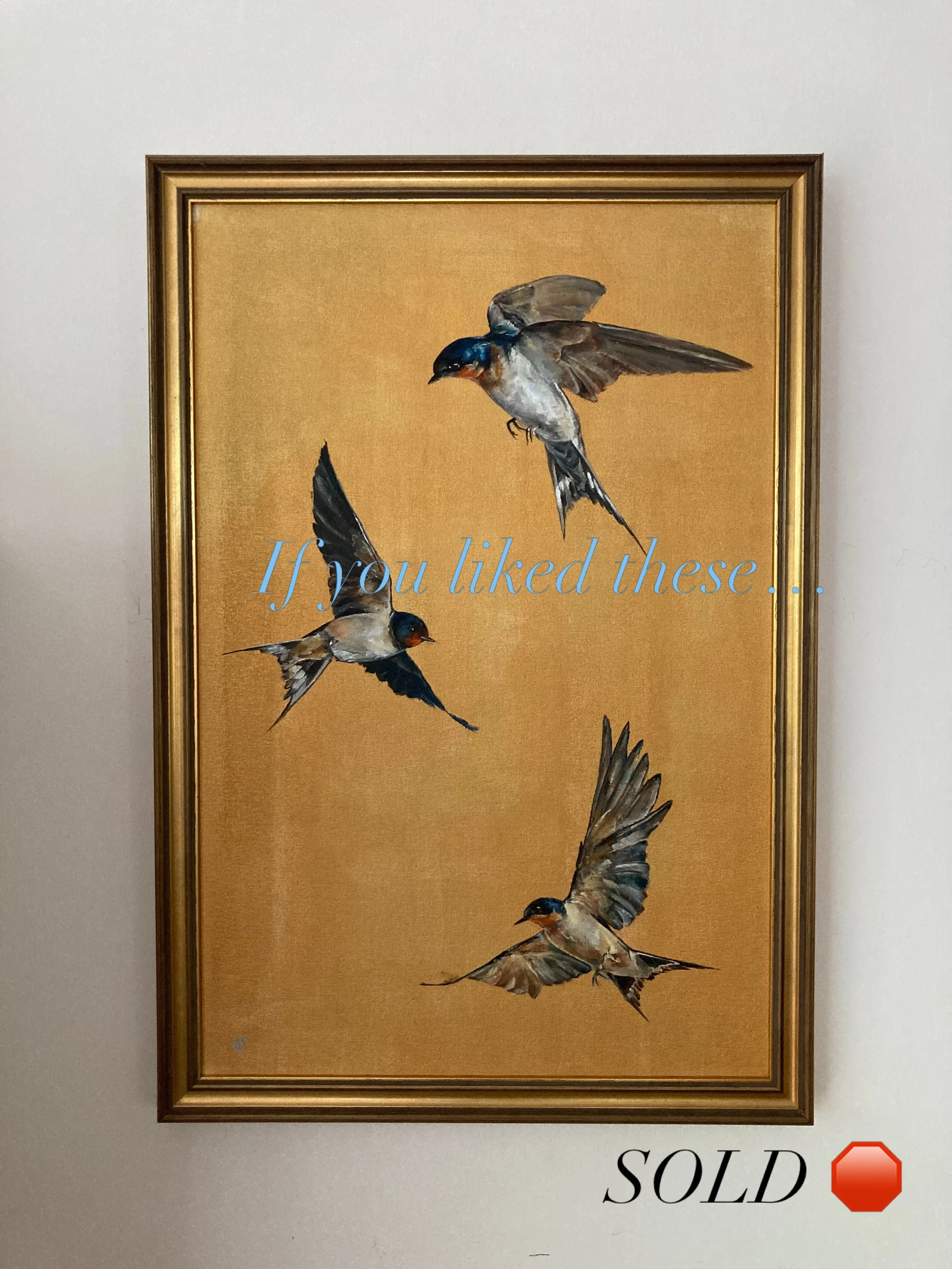 **SWALLOW DROP!** 💫 

If you liked my earlier triptych of golden swallows then you might like these smaller ones. All six are available NOW via the website ( 🔗 in bio). 

https://www.hannahtreliving.com/originals-shop

#buyart #originalart #swallow