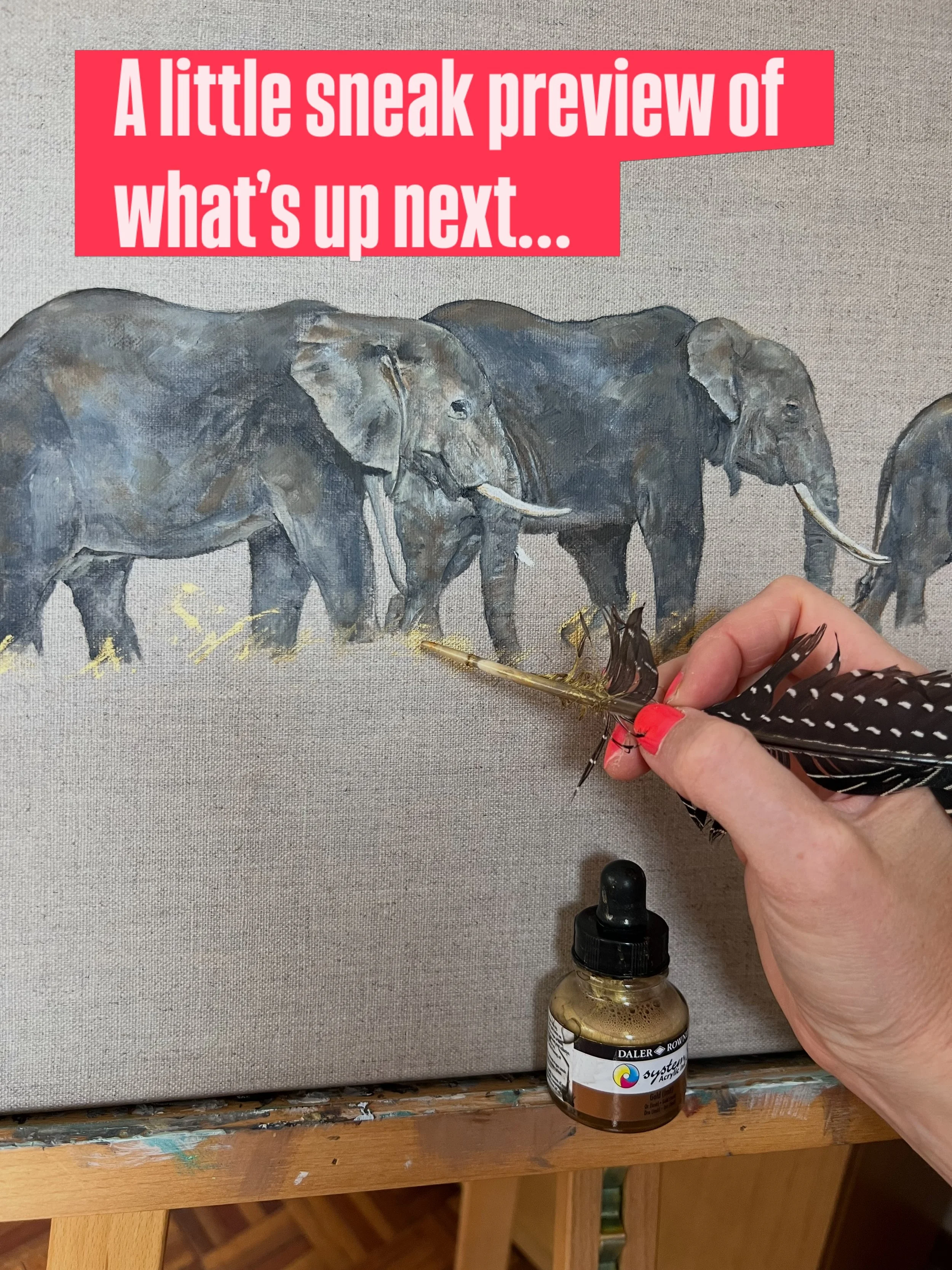 I have employed a guinea fowl feather to help with the golden grass here. Using nature&rsquo;s tools to add some magic. 💫 Stay tuned dear followers! 🪶 🐘 🐘 🐘 

#wildlifeartist #feather #birdsofinstagram #originalartwork #buyart