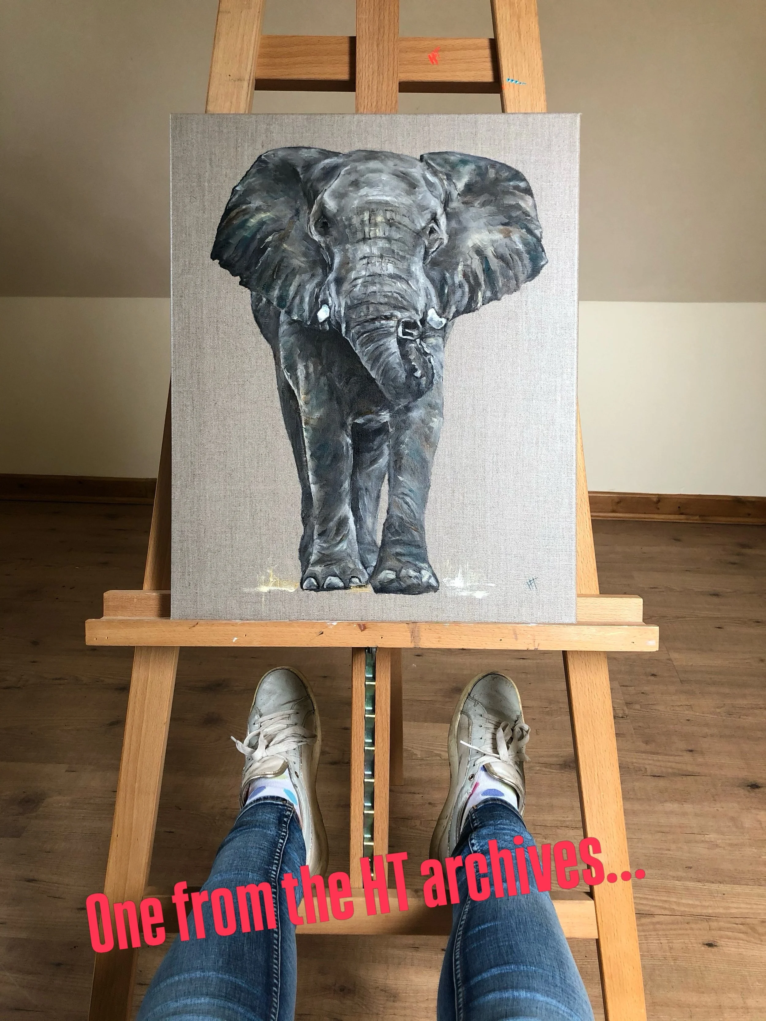I had been pregnant for what felt like 10 months when I painted this ele on linen from my studio in Wiltshire, and now I&rsquo;m painting more eles on linen from my studio in Kenya! This is one piece that I regret selling but there&rsquo;s always roo