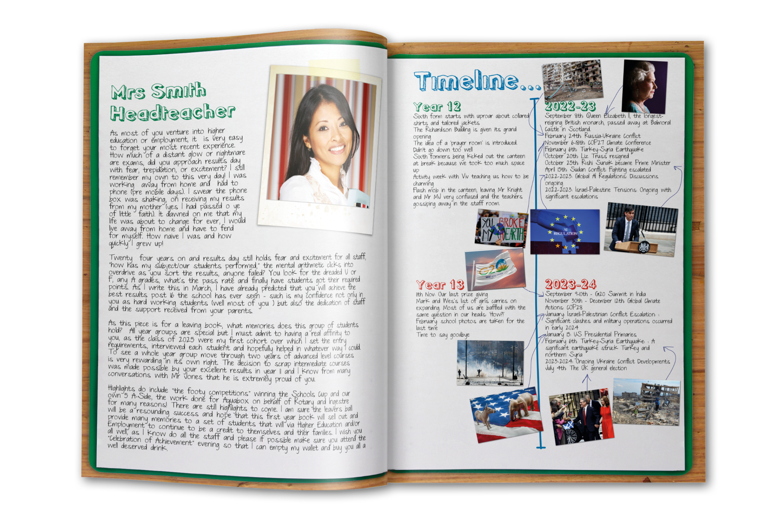 yearbook introduction page design and yearbook timeline in scrapbook design style