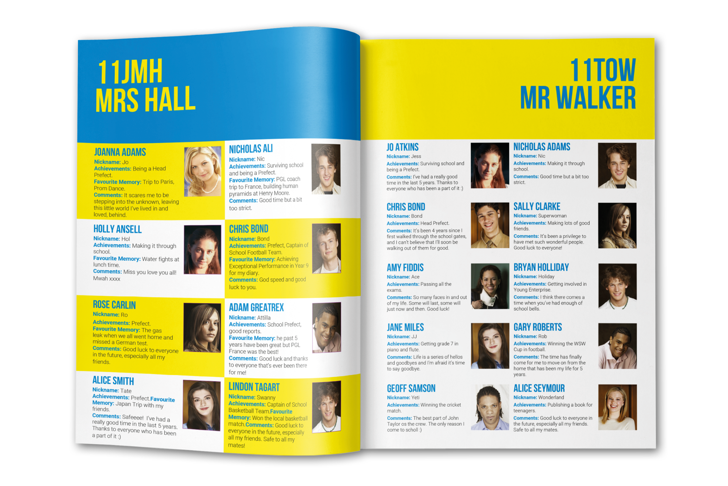 bright colourful yearbook profile page layout design ideas