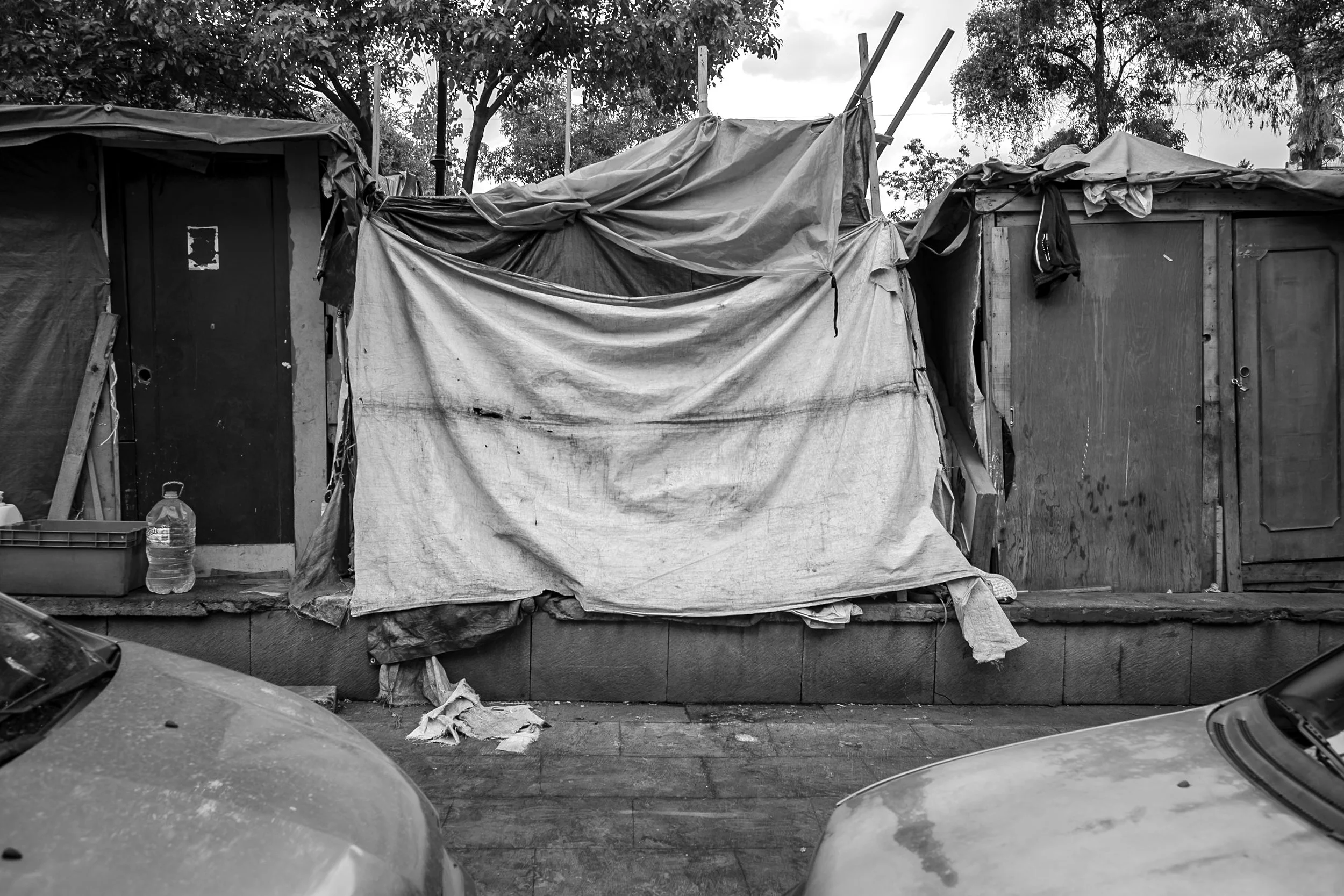 The shelters in the camp.