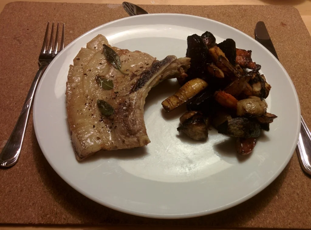 
Roast pork chops on the bone with caramelised balsamic potatoes, carrots & beetroot  