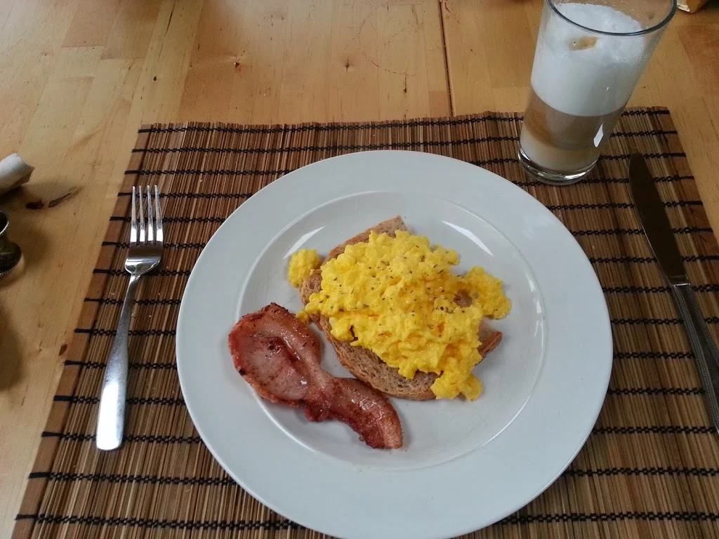 
Scrambled eggs and rashers for breakfast  