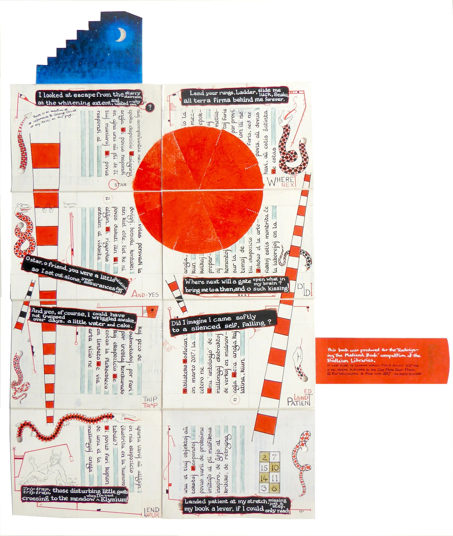  book unfolded, verso showing, flaps folded out 